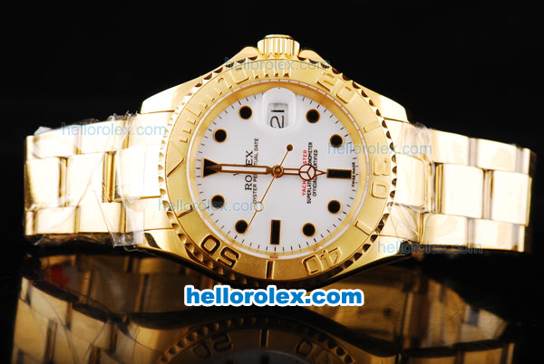 Rolex Yachtmaster Swiss ETA 2836 Automatic Movement Full Gold Case/Strap with White Dial and Black Round Hour Marker - Click Image to Close